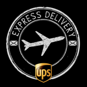Express shipping icon with airplane and UPS logo for fast delivery.