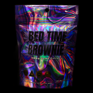 Holographic packaging of Bedtime Brownie with 100mg hemp extract for relaxation.
