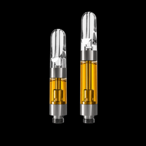 Two distillate 510 vape cartridges with yellow oil on a black background.