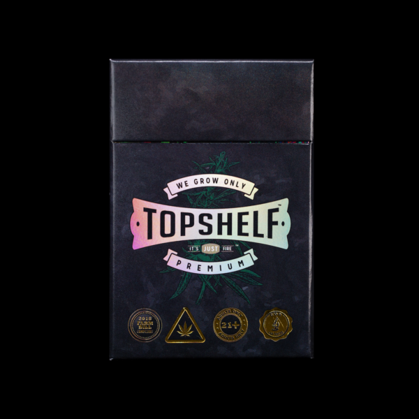 TopshelfNC cannabis pack with premium branding and safety symbols.