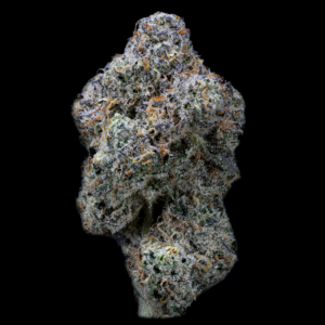 Close-up of THCa hemp flower with trichomes and orange pistils.